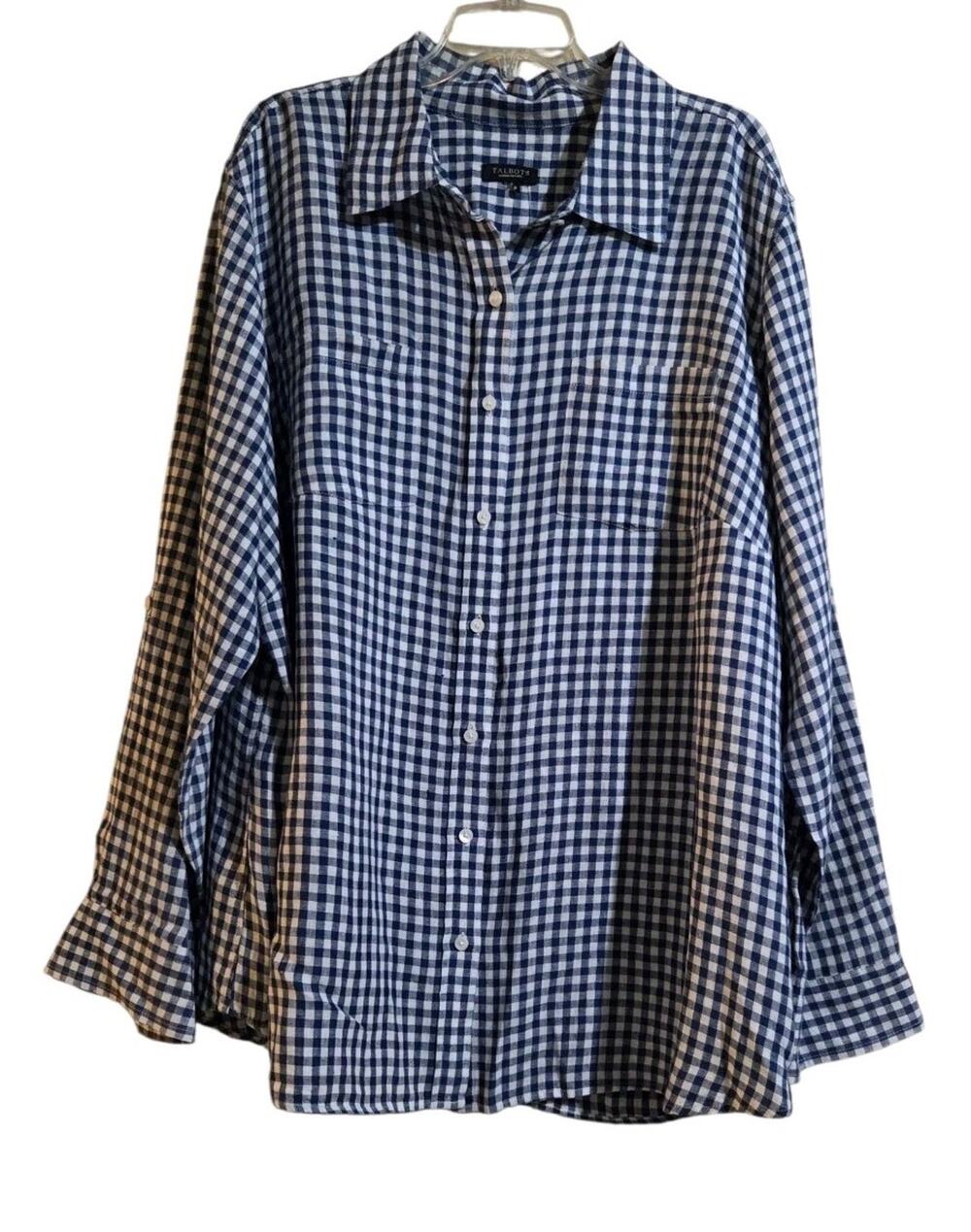 Talbots Blue White Gingham Linen Button UP Shirt Roll Tab Sleeve Plus Size 3XP